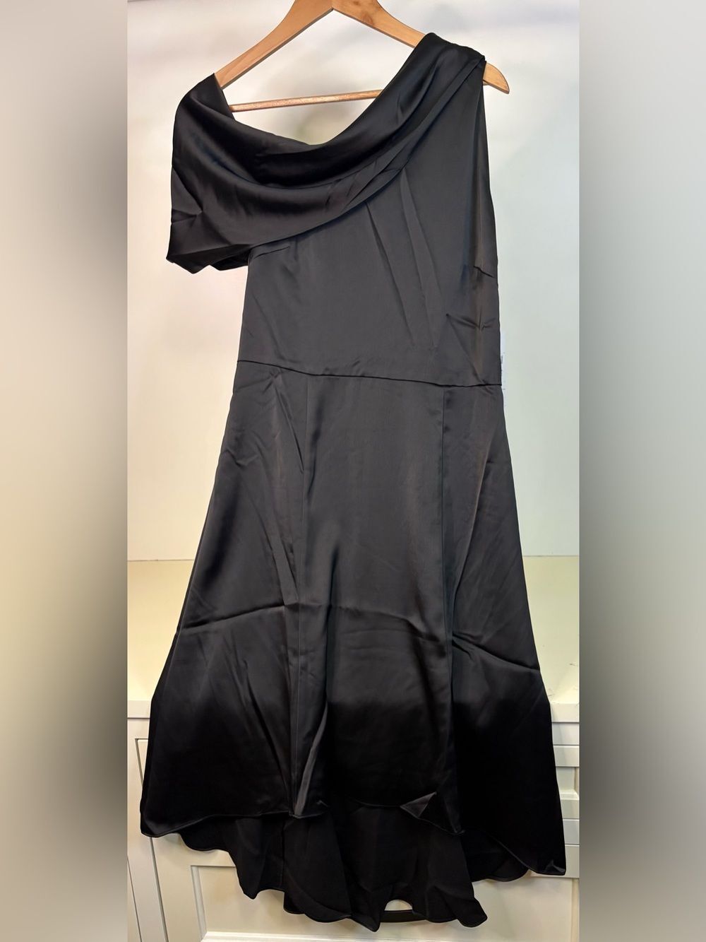 Maggy London Black Satin dress with asymmetrical draping neckline. Sz 10